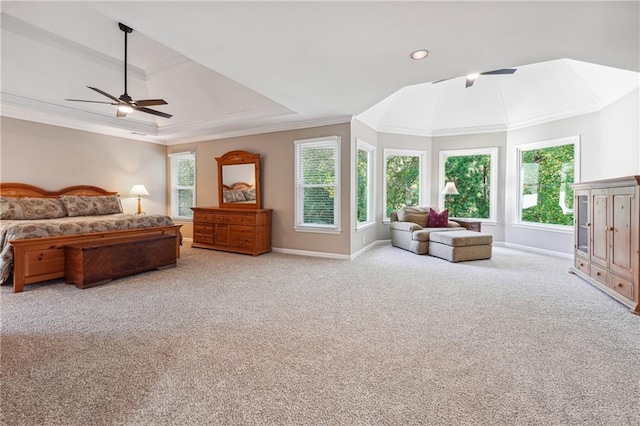 bedroom featuring light carpet, ornamental molding, multiple windows, and ceiling fan