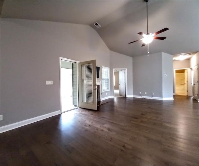 unfurnished living room with visible vents, baseboards, ceiling fan, and dark wood-style flooring