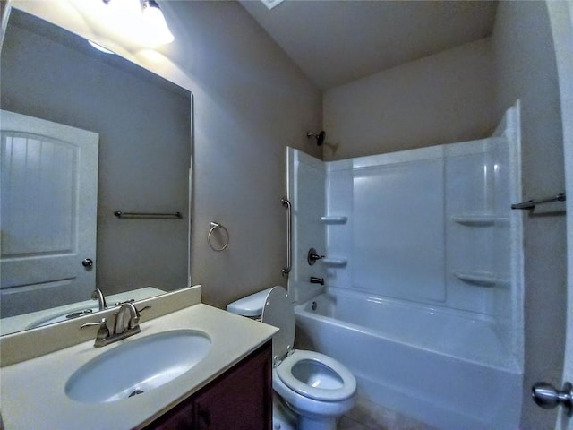 bathroom featuring shower / bathtub combination, toilet, and vanity