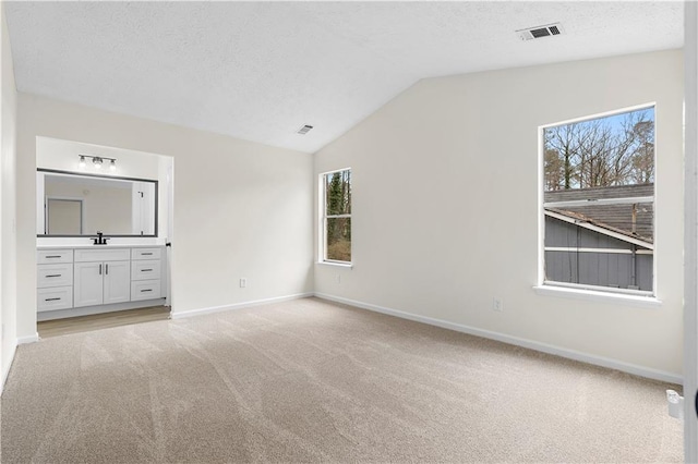 unfurnished bedroom with vaulted ceiling, ensuite bathroom, sink, light colored carpet, and a textured ceiling