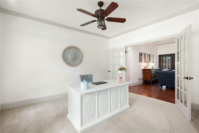1642 Reflections Trl, Powder Springs, GA 30127 - office area with french doors, light carpet, a ceiling fan, and ornamental molding