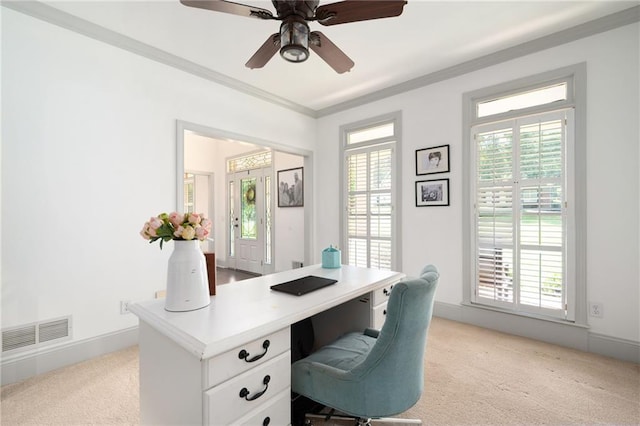 1642 Reflections Trl, Powder Springs, GA 30127 - office space featuring light carpet, ceiling fan, and ornamental molding