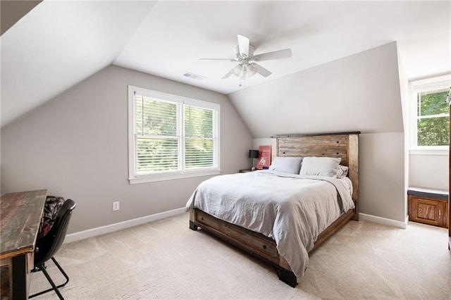1642 Reflections Trl, Powder Springs, GA 30127 - bedroom featuring light colored carpet, vaulted ceiling, and a ceiling fan