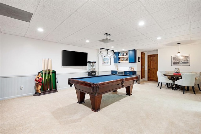 1642 Reflections Trl, Powder Springs, GA 30127 - playroom featuring a bar, light colored carpet, billiards table, recessed lighting, and a drop ceiling