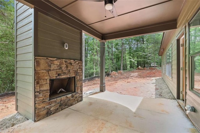 381 Chattahoochee Glen Rd, Clarkesville, GA 30523 - view of patio with an outdoor stone fireplace and ceiling fan