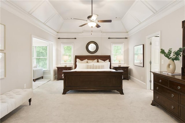 bedroom featuring crown molding, light carpet, a ceiling fan, lofted ceiling, and visible vents