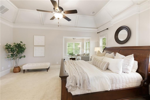 carpeted bedroom with crown molding, baseboards, coffered ceiling, and visible vents