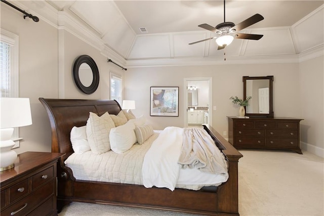 bedroom featuring visible vents, a ceiling fan, crown molding, and light colored carpet