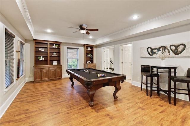 game room with ceiling fan, baseboards, billiards, light wood-type flooring, and ornamental molding