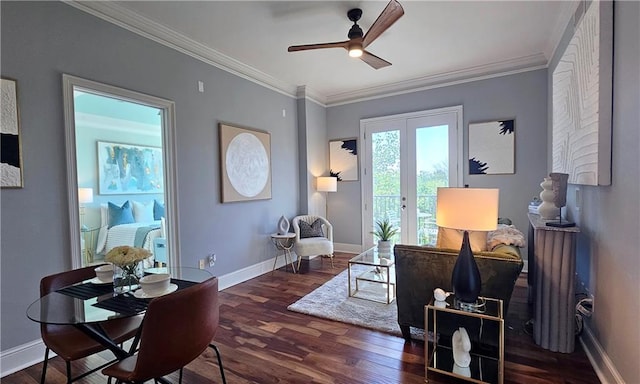sitting room featuring baseboards, ornamental molding, french doors, ceiling fan, and wood finished floors