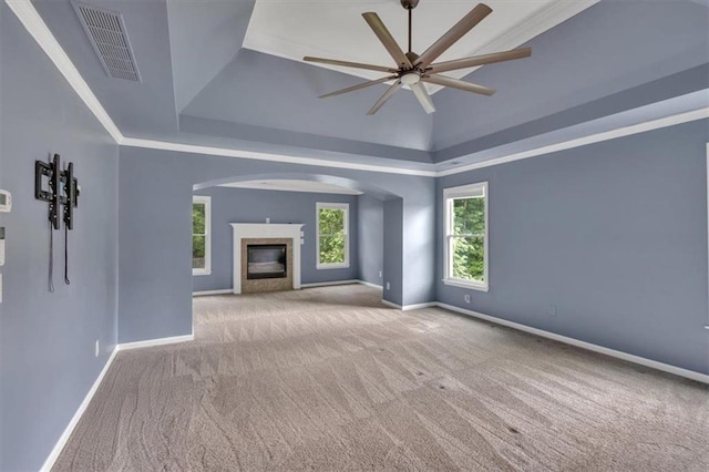 212 Thorncliff Way, Acworth, GA 30101 - unfurnished living room with carpet floors, a glass covered fireplace, arched walkways, and a ceiling fan