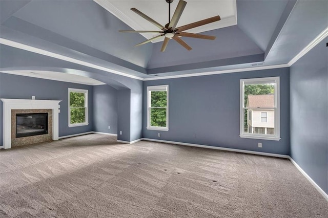 212 Thorncliff Way, Acworth, GA 30101 - unfurnished living room with carpet flooring, ceiling fan, a raised ceiling, and lofted ceiling