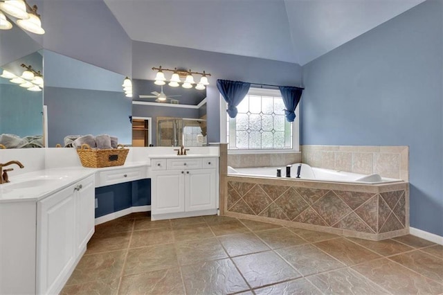 212 Thorncliff Way, Acworth, GA 30101 - bathroom featuring vaulted ceiling, double vanity, a bath, a stall shower, and a ceiling fan
