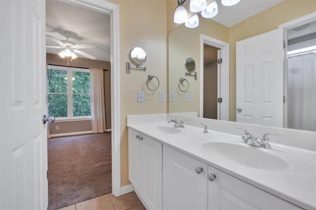 212 Thorncliff Way, Acworth, GA 30101 - bathroom with double vanity, tile patterned flooring, and a ceiling fan