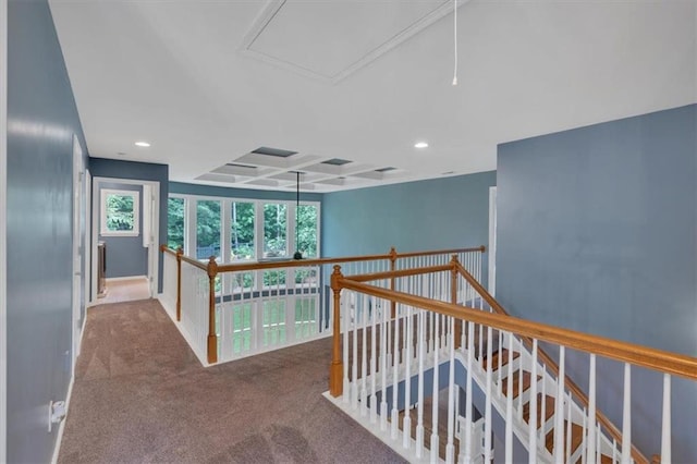 212 Thorncliff Way, Acworth, GA 30101 - hall with an upstairs landing, coffered ceiling, carpet flooring, recessed lighting, and attic access