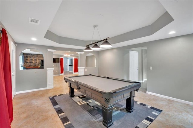 212 Thorncliff Way, Acworth, GA 30101 - recreation room featuring arched walkways, billiards table, decorative columns, a tray ceiling, and recessed lighting