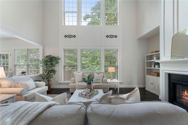 5828 Paliser Trce, Sugar Hill, GA 30518 - living room featuring a high ceiling, wood finished floors, baseboards, healthy amount of natural light, and a glass covered fireplace