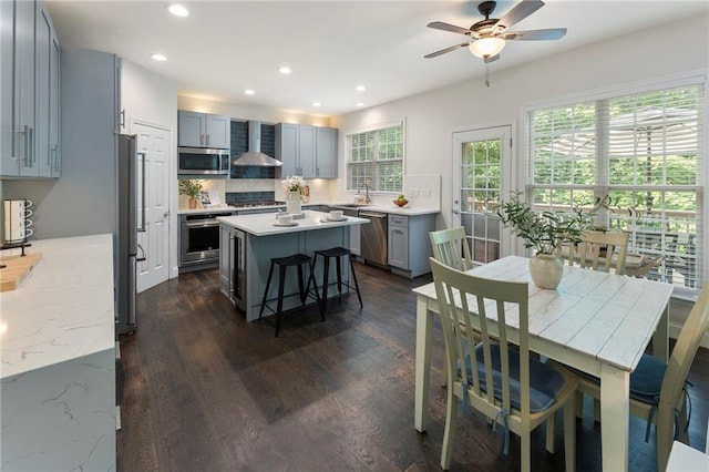 5828 Paliser Trce, Sugar Hill, GA 30518 - kitchen featuring wall chimney range hood, stainless steel appliances, healthy amount of natural light, dark wood finished floors, and recessed lighting