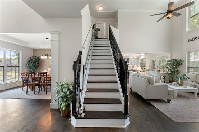 5828 Paliser Trce, Sugar Hill, GA 30518 - stairs featuring wood finished floors, ceiling fan, a towering ceiling, ornamental molding, and a chandelier