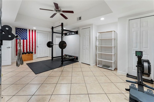 5828 Paliser Trce, Sugar Hill, GA 30518 - workout room featuring recessed lighting, light tile patterned floors, ceiling fan, a tray ceiling, and baseboards