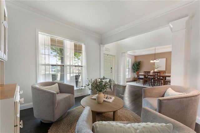 5828 Paliser Trce, Sugar Hill, GA 30518 - living room with healthy amount of natural light, ornamental molding, dark wood-style flooring, and baseboards