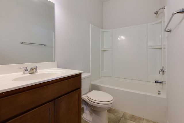 full bathroom featuring shower / tub combination, tile patterned flooring, vanity, and toilet