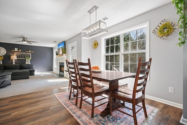 537 Autumn Ridge Dr, Canton, GA 30115 - dining room featuring a textured ceiling, baseboards, dark wood-style flooring, a ceiling fan, and a lit fireplace