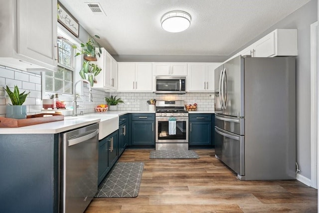 537 Autumn Ridge Dr, Canton, GA 30115 - kitchen featuring stainless steel appliances, blue cabinetry, a sink, white cabinets, and a textured ceiling