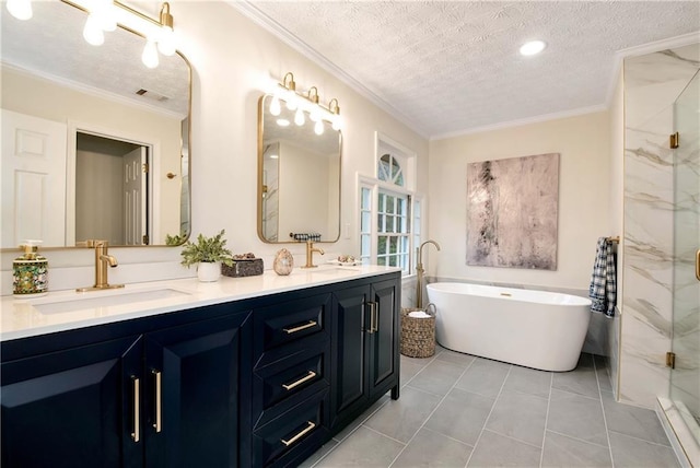 bathroom featuring crown molding, vanity, shower with separate bathtub, and a textured ceiling