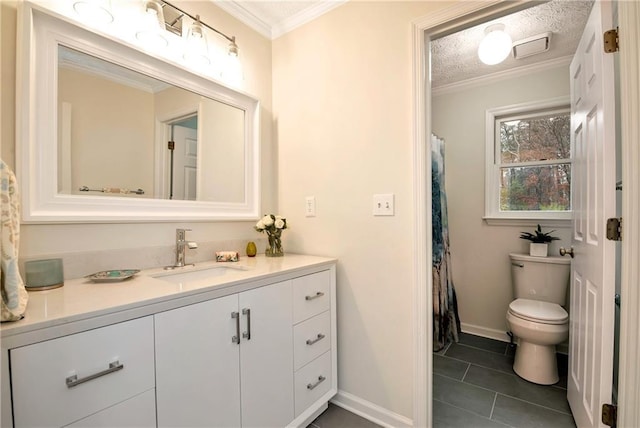 bathroom with crown molding, tile patterned floors, vanity, and toilet