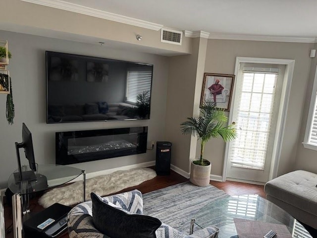 795 Hammond Dr Unit 813, Sandy Springs, GA 30328 - living room with crown molding, healthy amount of natural light, wood finished floors, and a glass covered fireplace