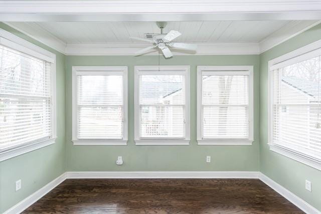 unfurnished sunroom featuring a ceiling fan