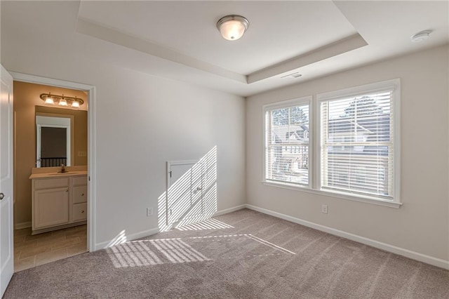 carpeted empty room with a raised ceiling and sink