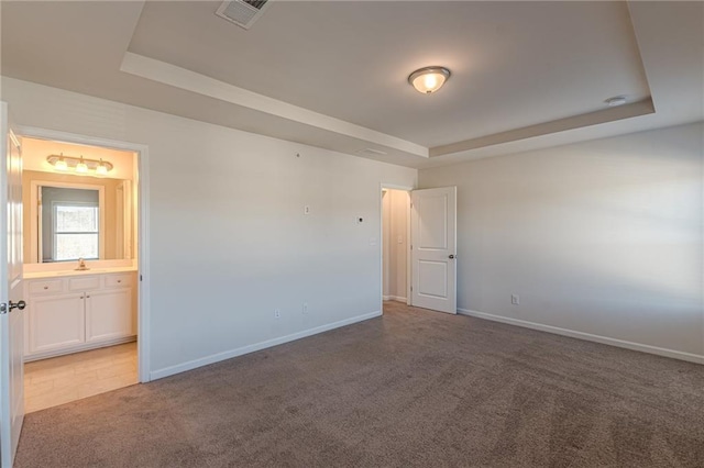 unfurnished room with sink, a raised ceiling, and light carpet