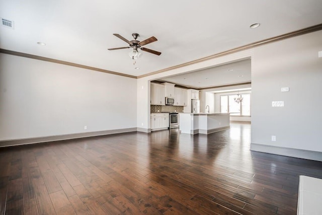 1435 Druid Mnr, Atlanta, GA 30329 - unfurnished living room with a ceiling fan, ornamental molding, baseboards, dark wood-style flooring, and a sink