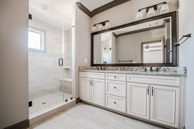 1435 Druid Mnr, Atlanta, GA 30329 - bathroom with a stall shower, double vanity, and crown molding