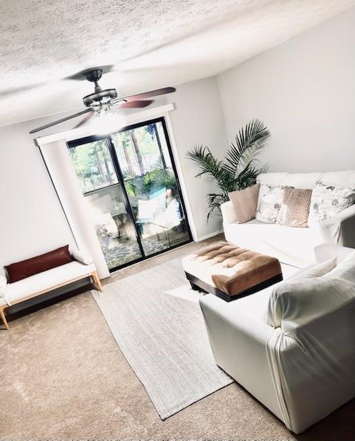1507 Wynnes Ridge Cir SE, Marietta, GA 30067 - living room with a ceiling fan, carpet flooring, and a textured ceiling