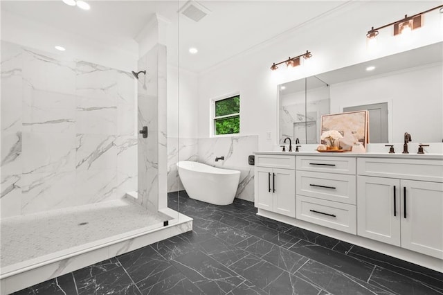 2926 5th St SW, Atlanta, GA 30315 - bathroom with marble finish flooring, a marble finish shower, double vanity, a soaking tub, and crown molding