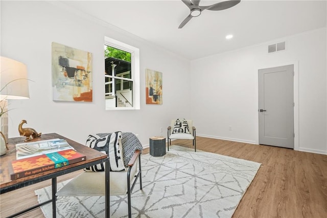 2926 5th St SW, Atlanta, GA 30315 - office with wood finished floors, ornamental molding, a ceiling fan, and baseboards