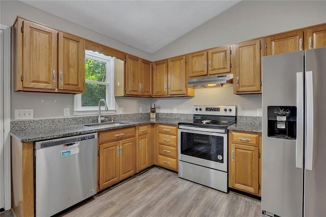 kitchen featuring under cabinet range hood, a sink, vaulted ceiling, light wood-style floors, and appliances with stainless steel finishes