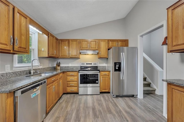kitchen with a sink, light wood-type flooring, under cabinet range hood, appliances with stainless steel finishes, and lofted ceiling