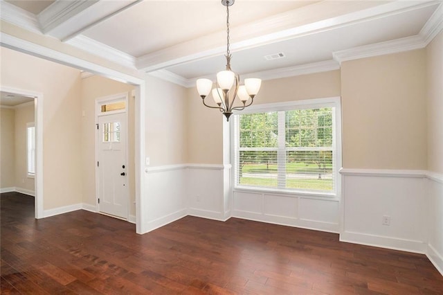 381 Homestead Cir, Forsyth, GA 31029 - unfurnished dining area featuring a chandelier, dark wood finished floors, beam ceiling, and crown molding