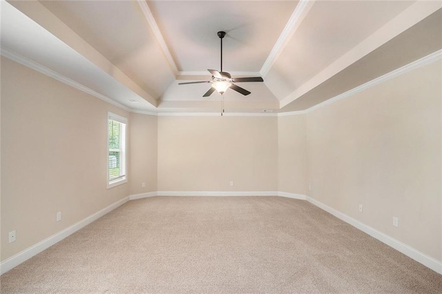 381 Homestead Cir, Forsyth, GA 31029 - spare room with a raised ceiling, a ceiling fan, light carpet, and crown molding