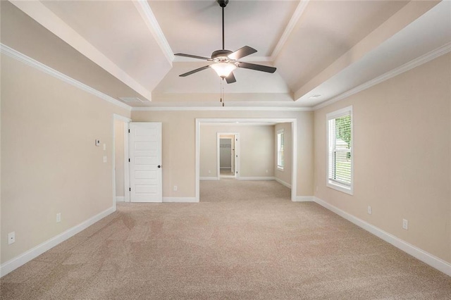 381 Homestead Cir, Forsyth, GA 31029 - unfurnished room with a ceiling fan, light carpet, crown molding, vaulted ceiling, and a tray ceiling