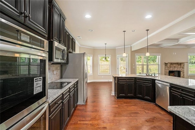 381 Homestead Cir, Forsyth, GA 31029 - kitchen featuring appliances with stainless steel finishes, a fireplace, decorative backsplash, recessed lighting, and dark wood-style floors