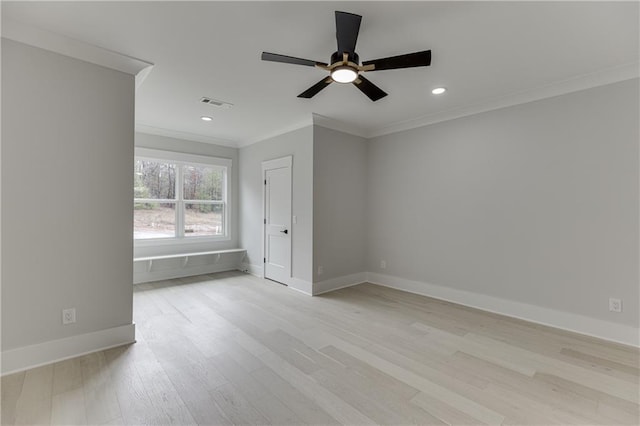 interior space featuring crown molding, ceiling fan, and light wood-type flooring