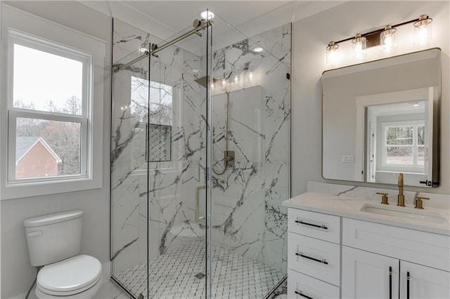 bathroom featuring vanity, an enclosed shower, and toilet