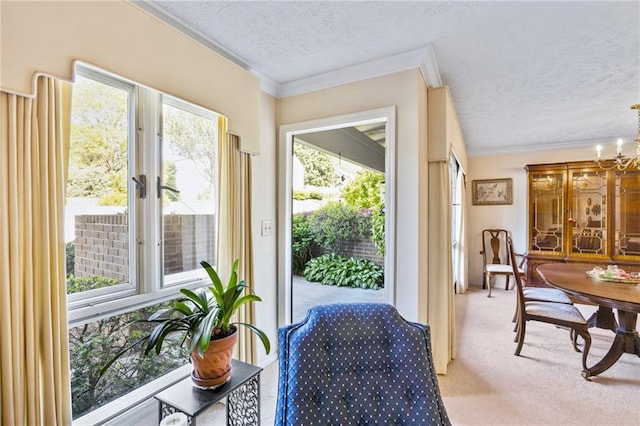 doorway featuring a notable chandelier, carpet, ornamental molding, and a textured ceiling