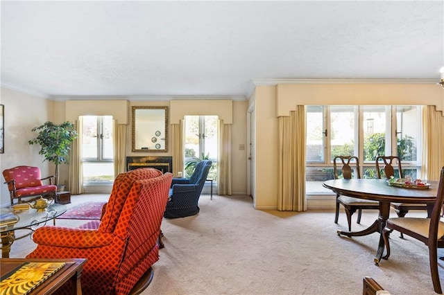 carpeted living room featuring crown molding