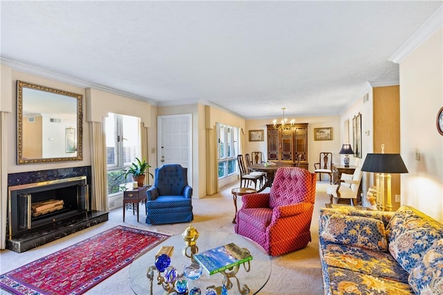 carpeted living room featuring a fireplace, a notable chandelier, and ornamental molding